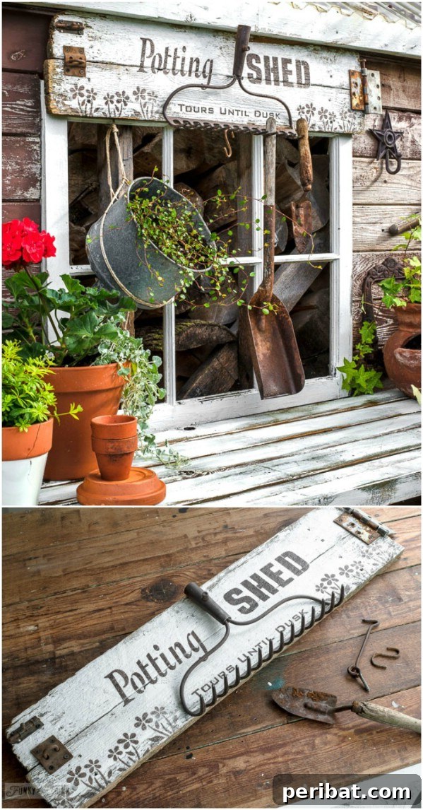 50 Charming Wooden Signs for Rustic Home Appeal 47 Rustic Distressed Potting Shed Sign with Old Hinges