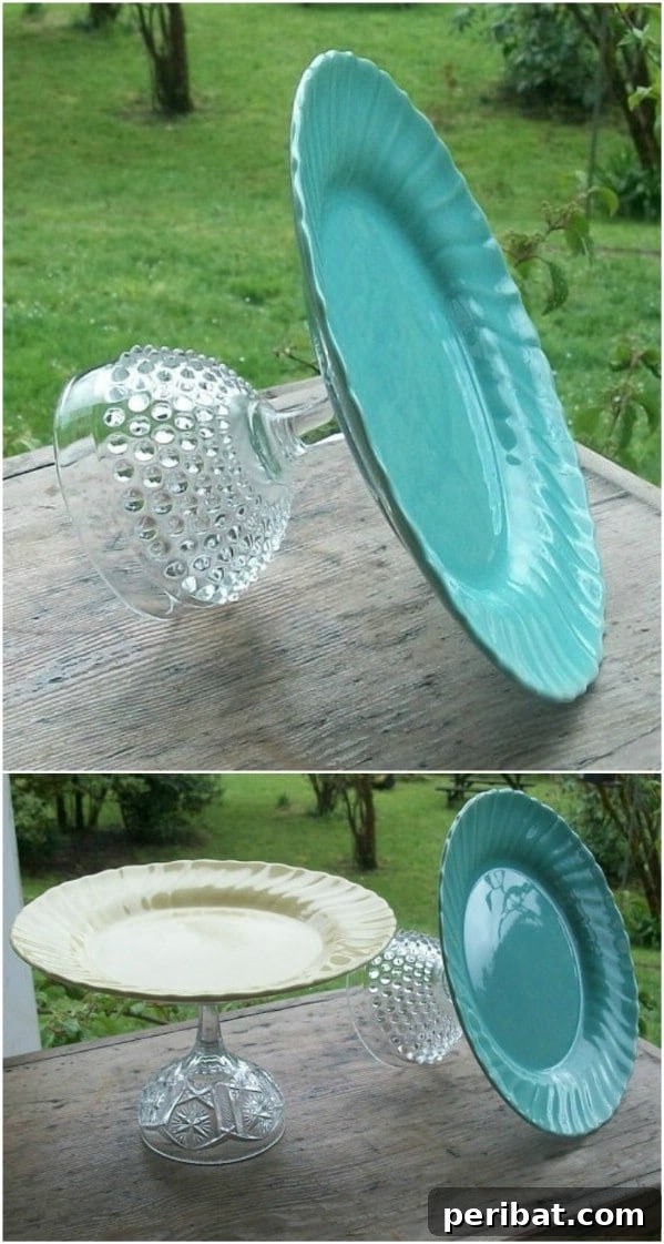 Unlock Creativity: Transform Forgotten Kitchen Tools into Stunning Decor 8 Repurposed Goblet And Plate Cake Stand