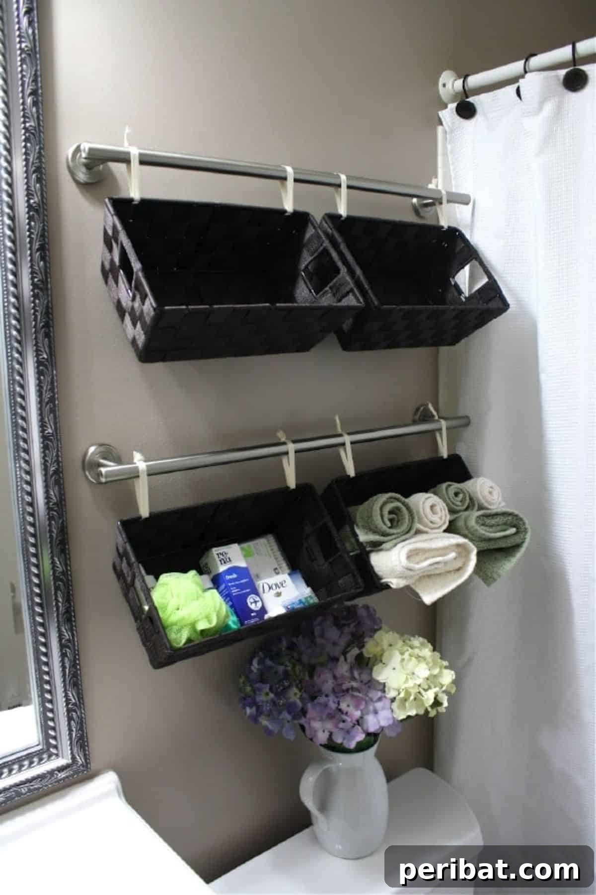 Wall full of baskets for stylish bathroom organization