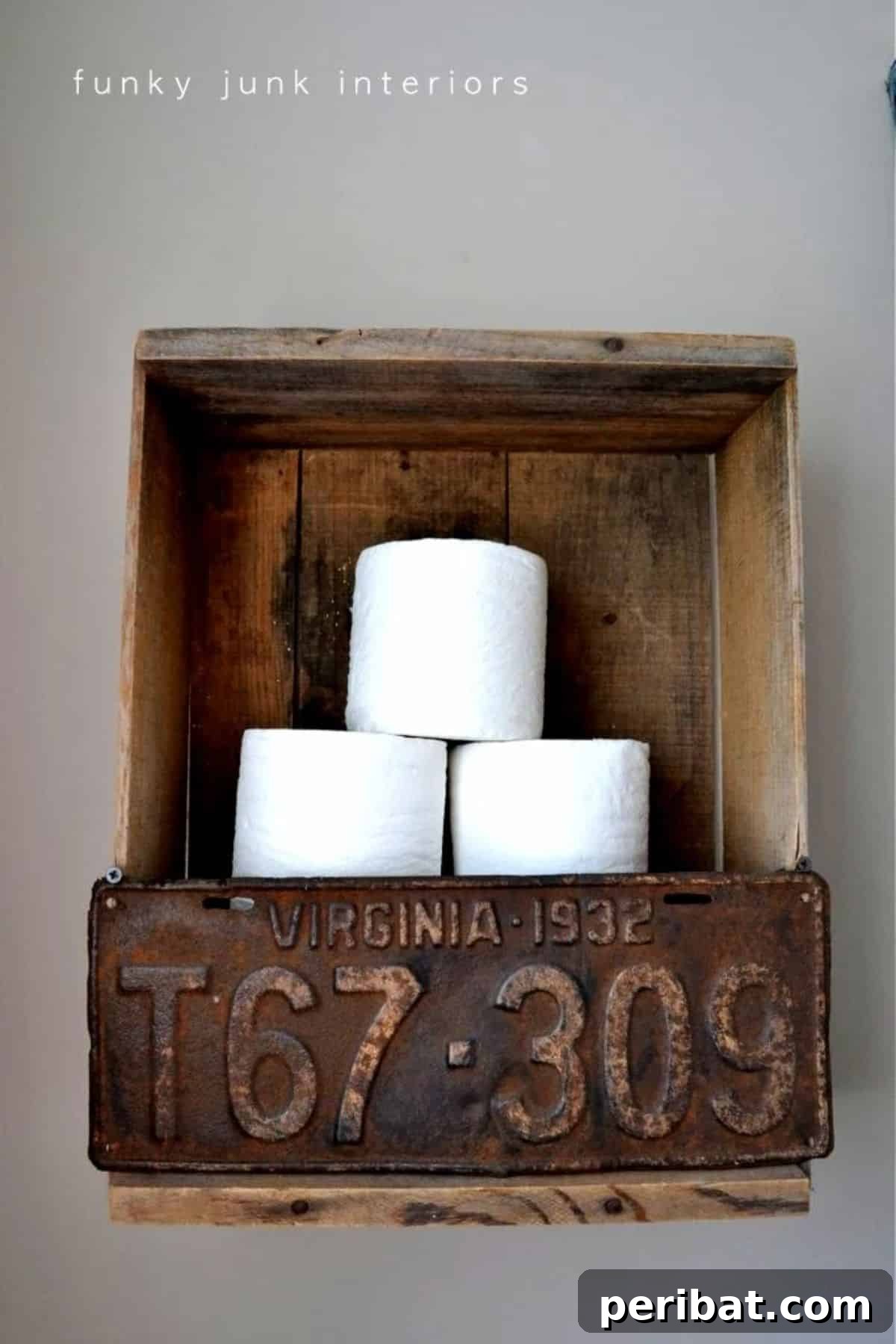 Industrial Toilet Paper Holder Crate with vintage license plate