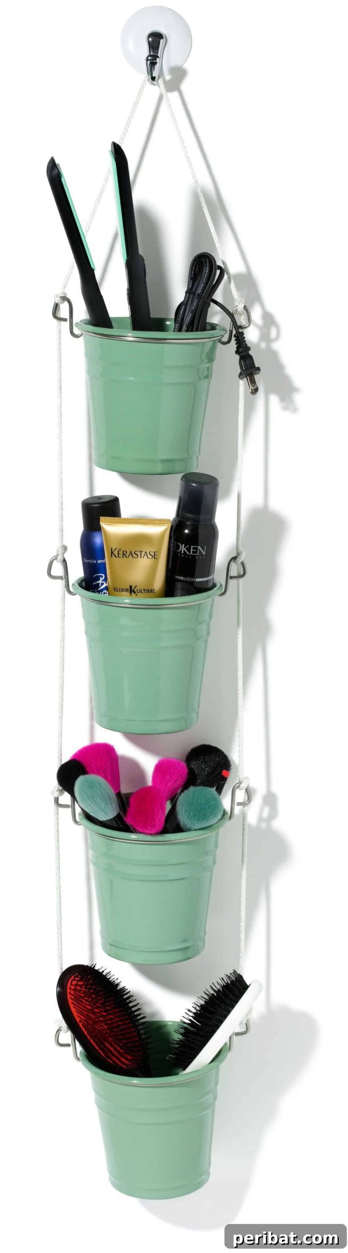 Beautiful Tiered Hanging Storage Buckets for Hair Supplies, organized
