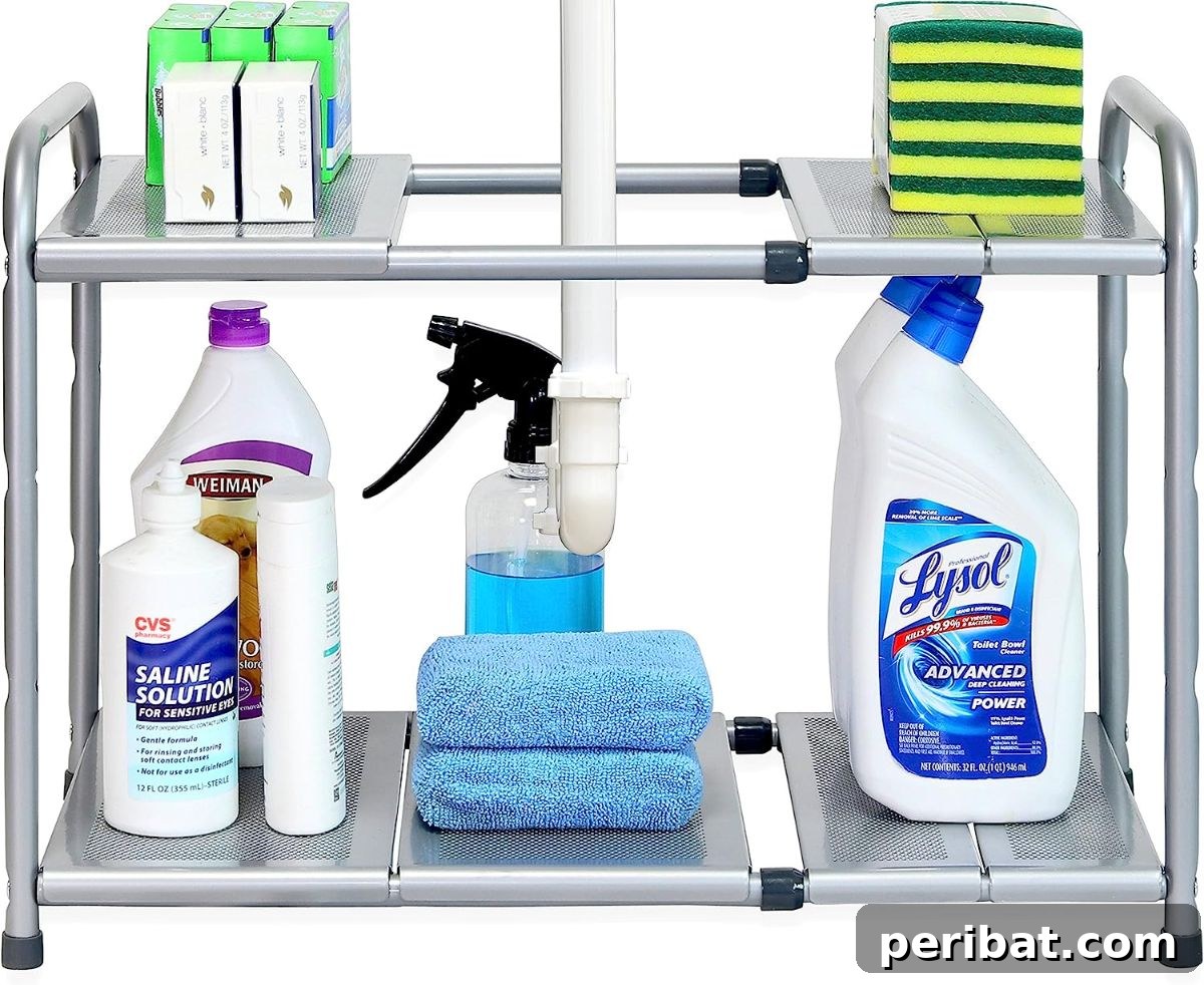 Under Sink Shelf Organizer designed to fit around pipes