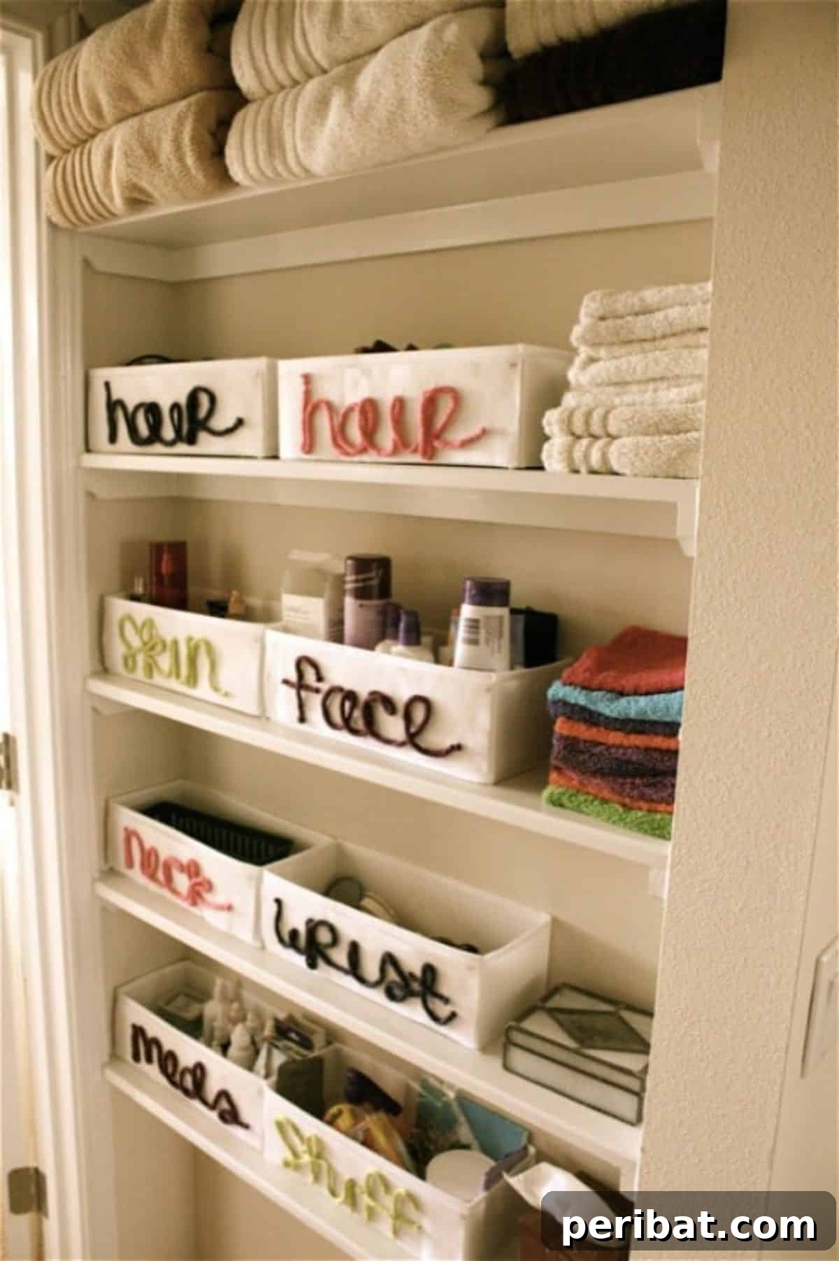 Organized built-in bathroom cabinet with labeled storage
