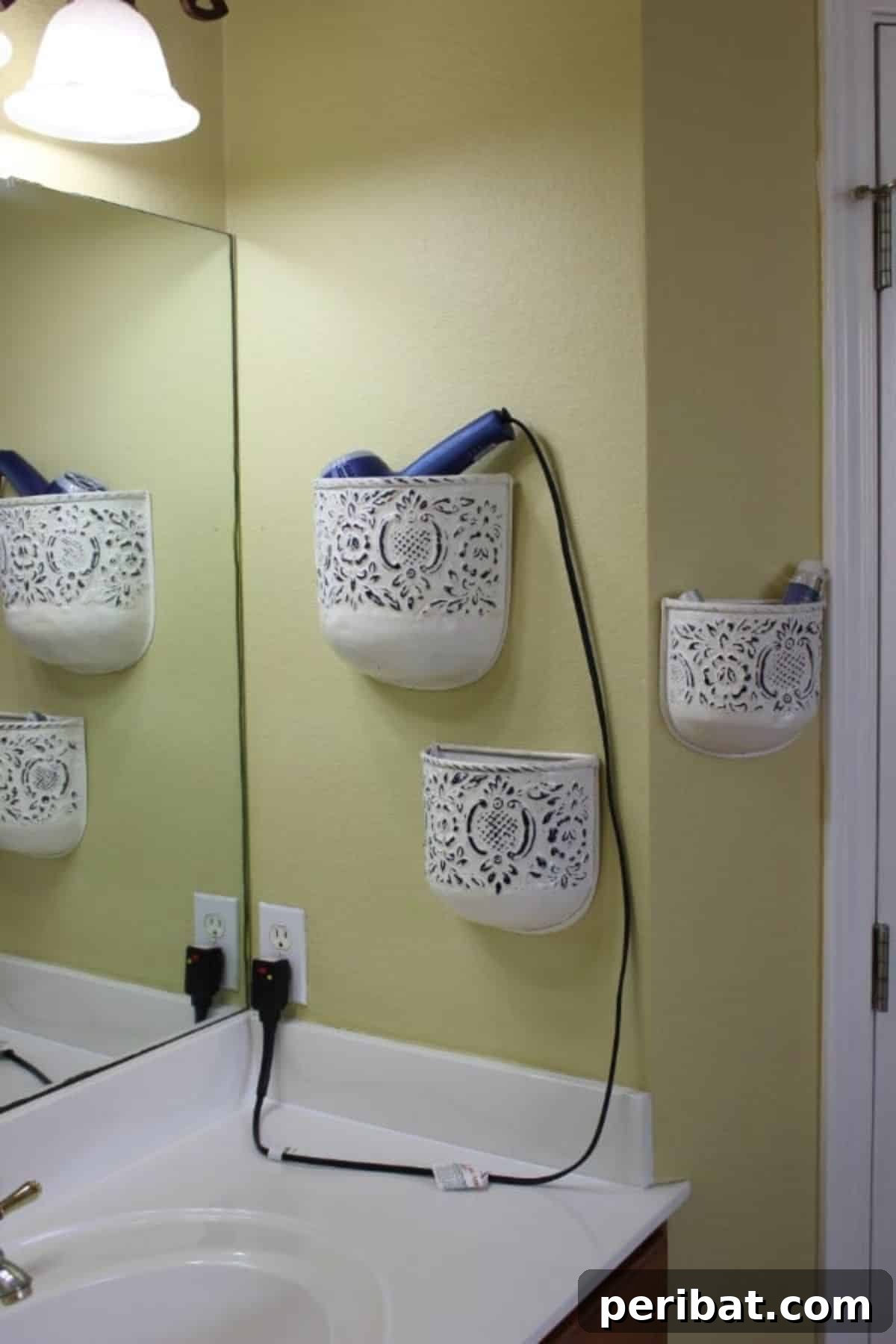 Lovely Plant Holders Repurposed in Bathroom for hair tools