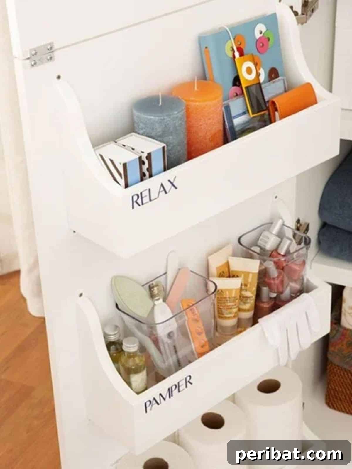 Free Cabinet Door Storage Bin Plans for extra bathroom storage