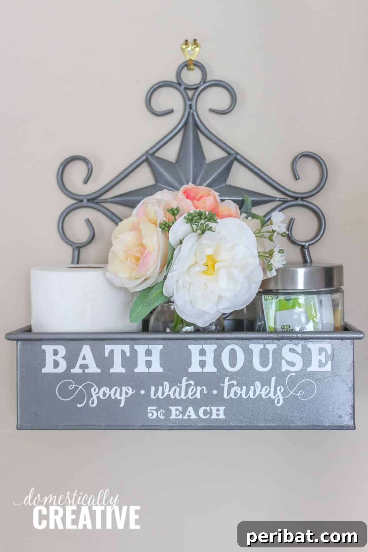 Upcycled Farmhouse Bathroom Wall Storage for guest essentials