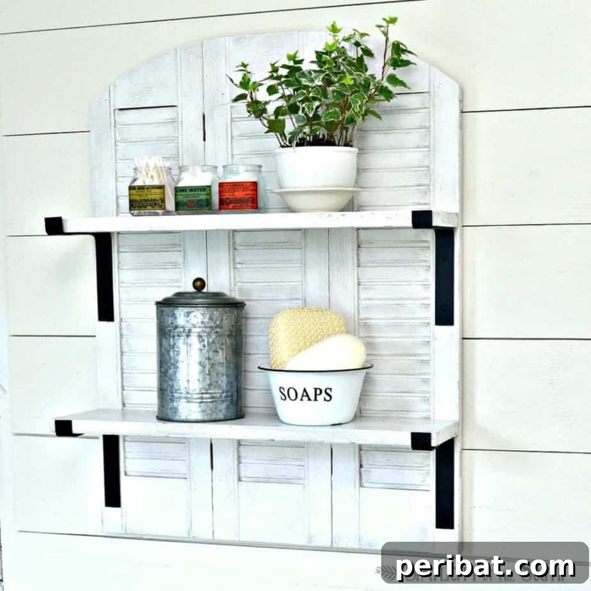 Knock-Off Ballard Designs Repurposed Shutters Bathroom Shelf