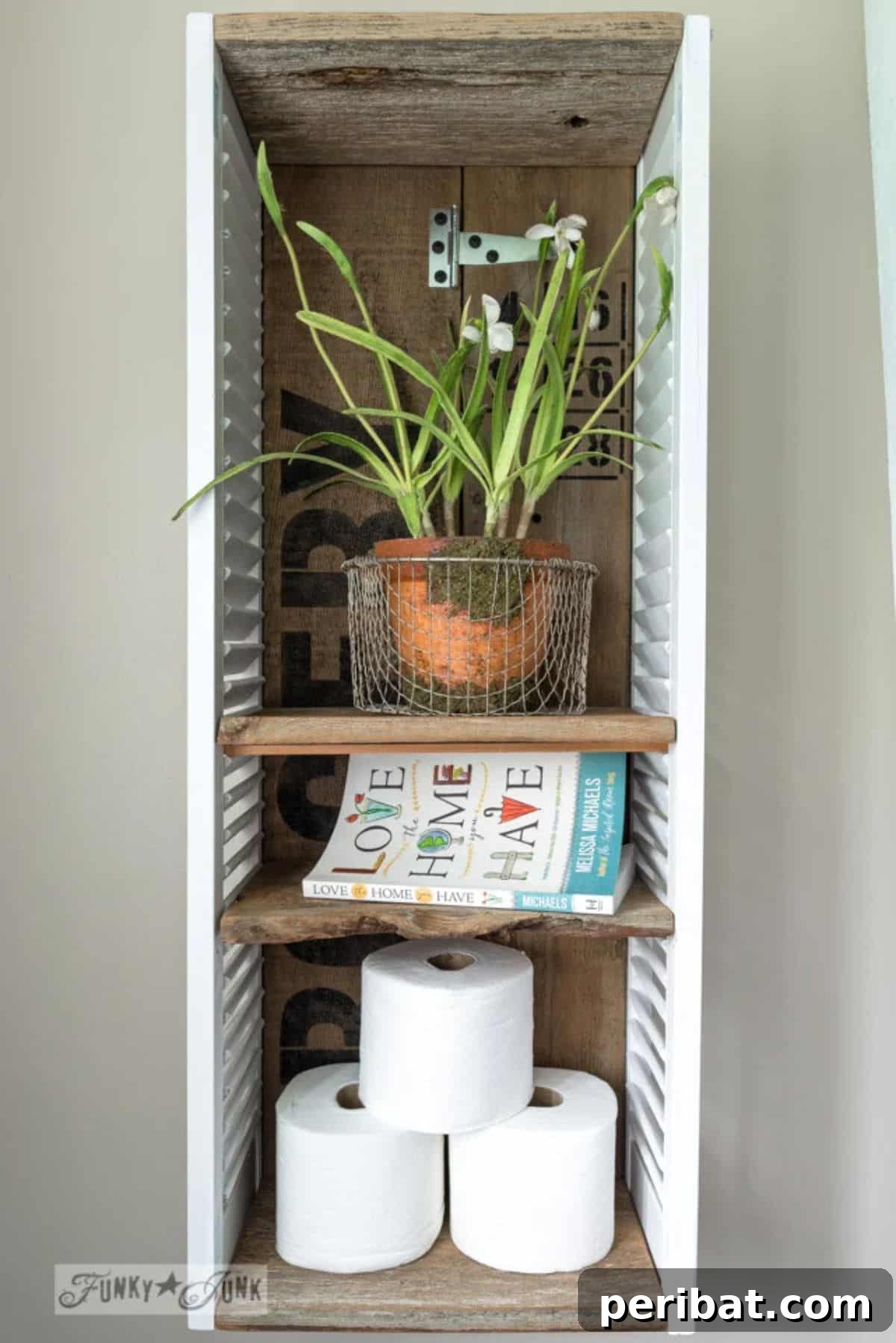 Old Sign Shutter Shelf with rustic charm
