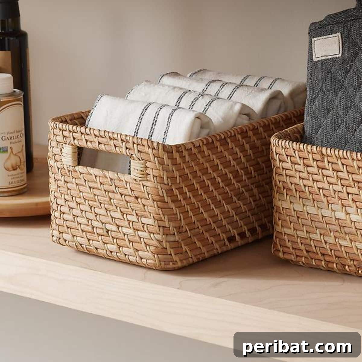 Marie Kondo Ori Rattan Honey Natural Curved Bins for stylish storage