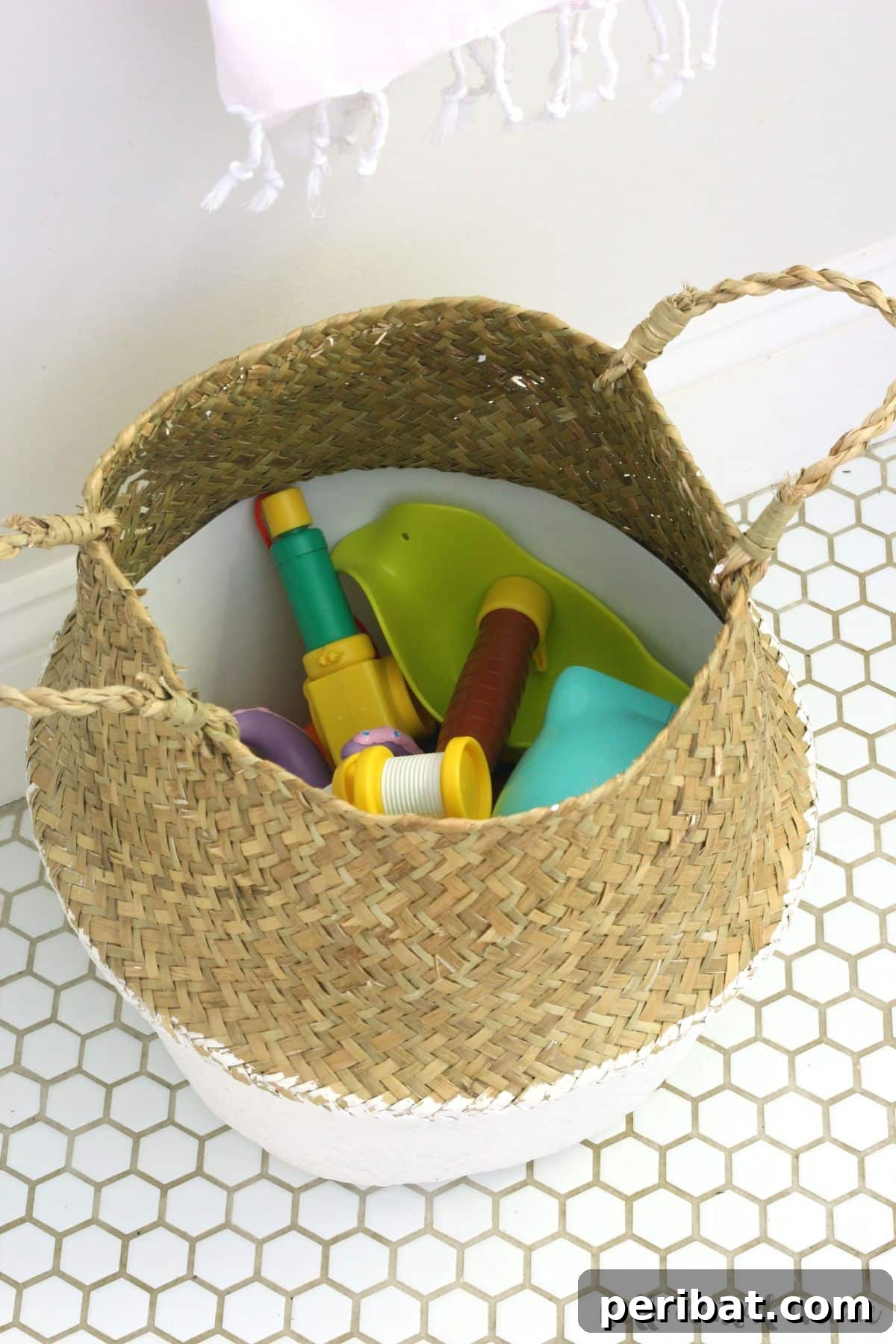 White and Beige Two-Tone Bath Toy Storage with the Dollar Store