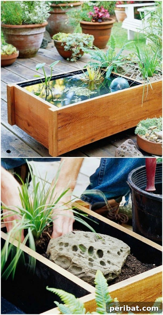 Delightful & Affordable Mini Water Gardens for Every Home 12 Elegant cedar mini pond box, custom-built with sections for aquatic plants and decorative rocks, ideal for decks.