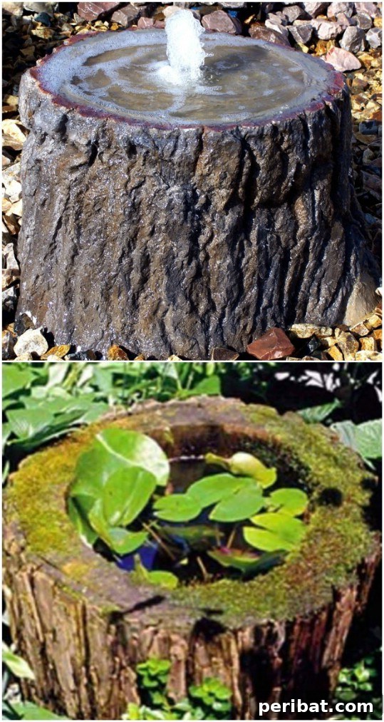 Delightful & Affordable Mini Water Gardens for Every Home 19 Upcycled tree stump hollowed out and transformed into a unique mini water garden, integrated naturally into the landscape.