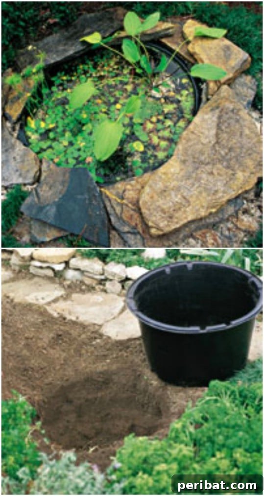 Delightful & Affordable Mini Water Gardens for Every Home 20 DIY sunken mini pond, featuring a container submerged in the ground, surrounded by river rocks and low-growing plants.