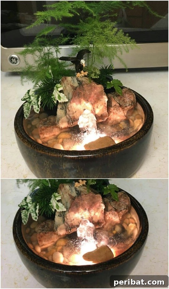 Delightful & Affordable Mini Water Gardens for Every Home 4 Tabletop water garden in a ceramic bowl, adorned with smooth rocks and miniature aquatic plants, offering a tranquil display.