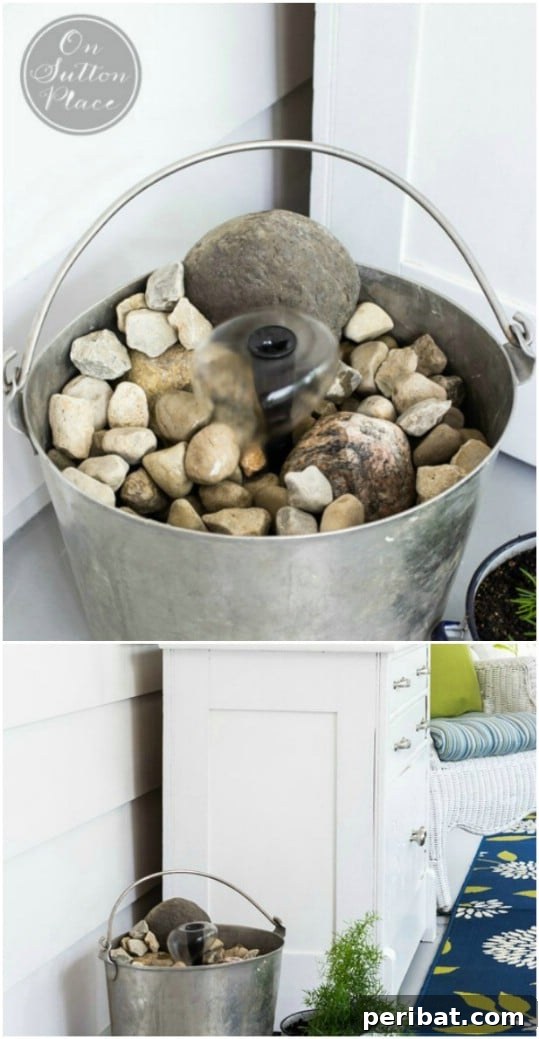 Delightful & Affordable Mini Water Gardens for Every Home 7 Galvanized metal bucket transformed into a soothing water garden with a small fountain kit and river rocks.