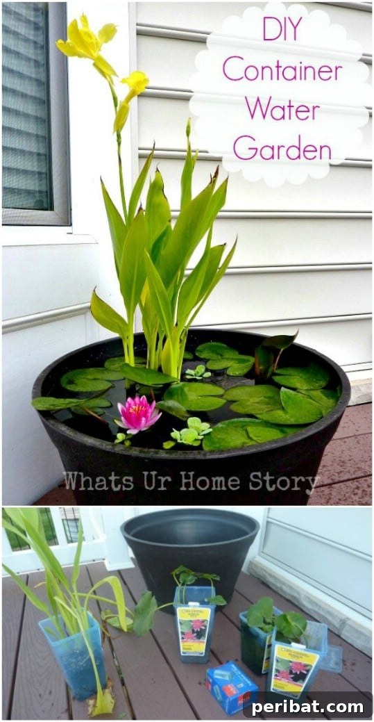 Delightful & Affordable Mini Water Gardens for Every Home 9 Easy DIY container water garden in a plastic tub, filled with lush aquatic plants and a few decorative stones.