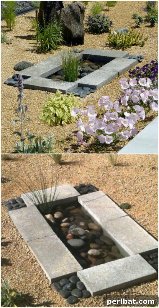 Delightful & Affordable Mini Water Gardens for Every Home 10 Contemporary DIY water garden with a minimalist design, using a submerged container edged with concrete pavers.