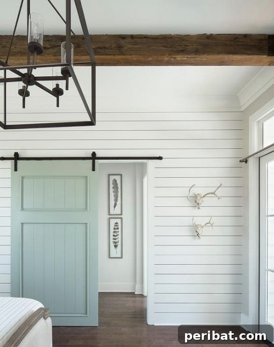 Shiplap Bedroom With Accent Beams