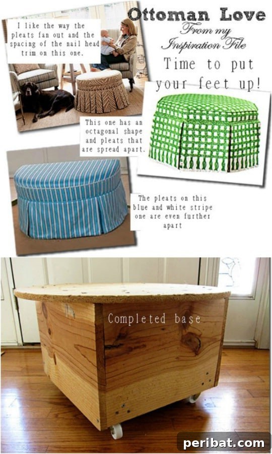 No-Sew Round Ottoman with pleated fabric design