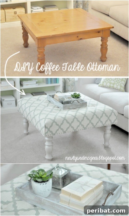 Repurposed Coffee Table into Upholstered Ottoman