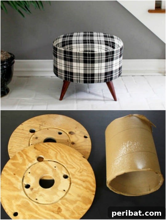 Salvaged Electrical Spool Plaid Ottoman