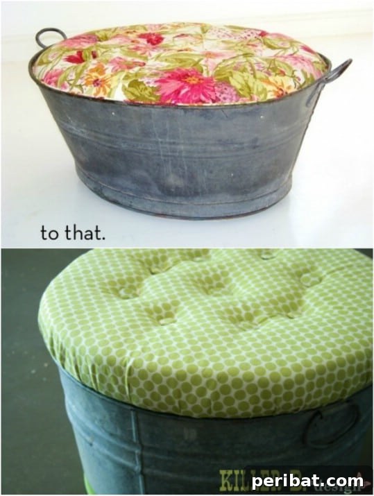 Upcycled Galvanized Bucket into Rustic Ottoman