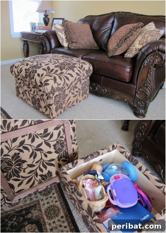 DIY Storage Ottoman built from wooden boards