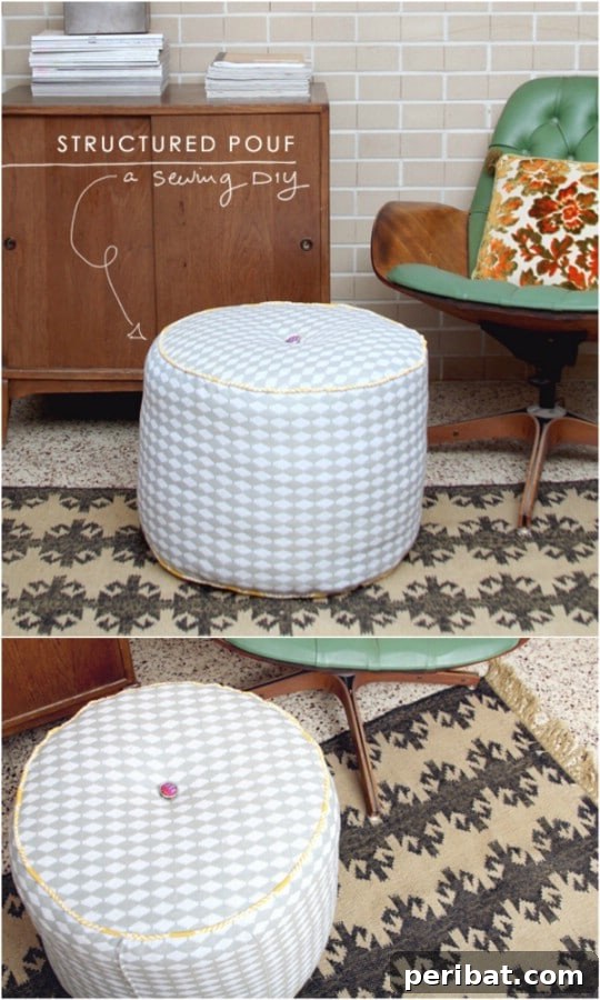 DIY Structured Pouf Footstool made with comforters