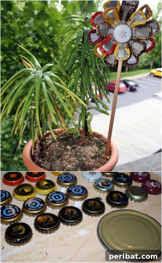 Elevate Your Home Style with 25 Upcycled Bottle Cap Crafts 3 DIY Bottle Cap Garden Flower for outdoor decor