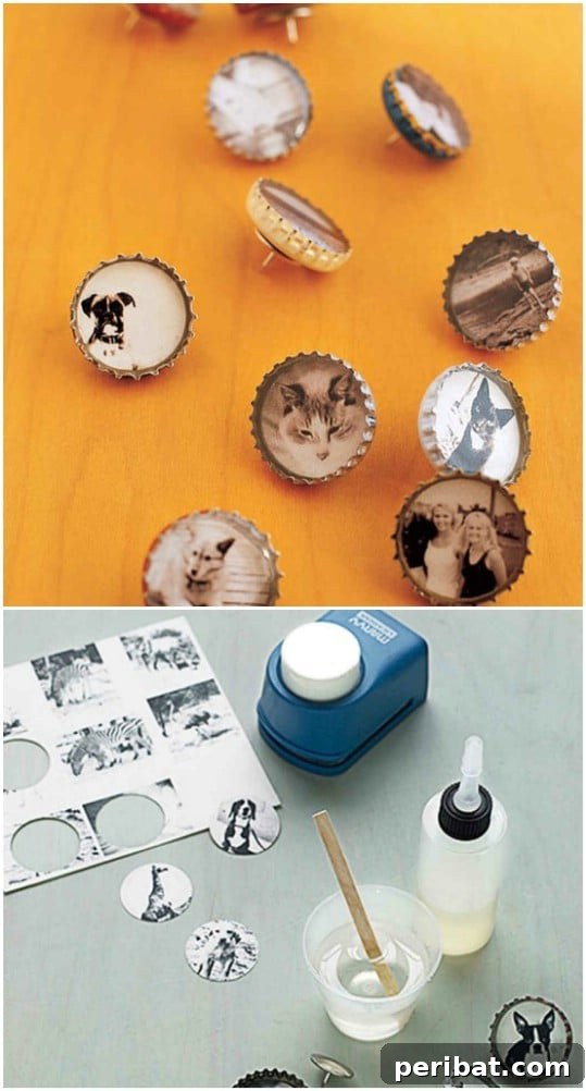 Elevate Your Home Style with 25 Upcycled Bottle Cap Crafts 22 Mini Bottle Cap Picture Frames and magnets