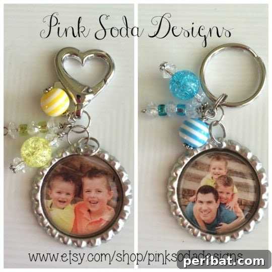 Elevate Your Home Style with 25 Upcycled Bottle Cap Crafts 23 Upcycled Bottle Cap Key Chain with personalized photo