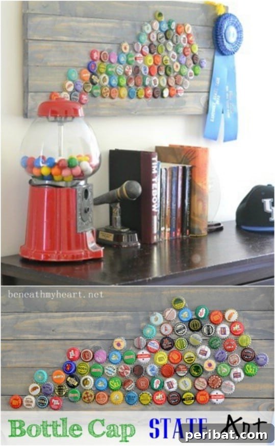 Elevate Your Home Style with 25 Upcycled Bottle Cap Crafts 5 Upcycled Bottle Cap State Wall Art