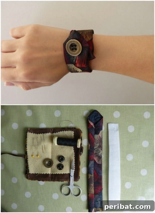 25 Creative Ways to Repurpose Old Neckties 13 Elegant DIY cuff bracelet made from a repurposed necktie, secured with buttons