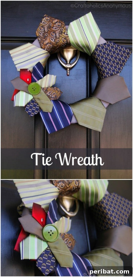 25 Creative Ways to Repurpose Old Neckties 21 Seasonal wreath adorned with various colorful repurposed neckties