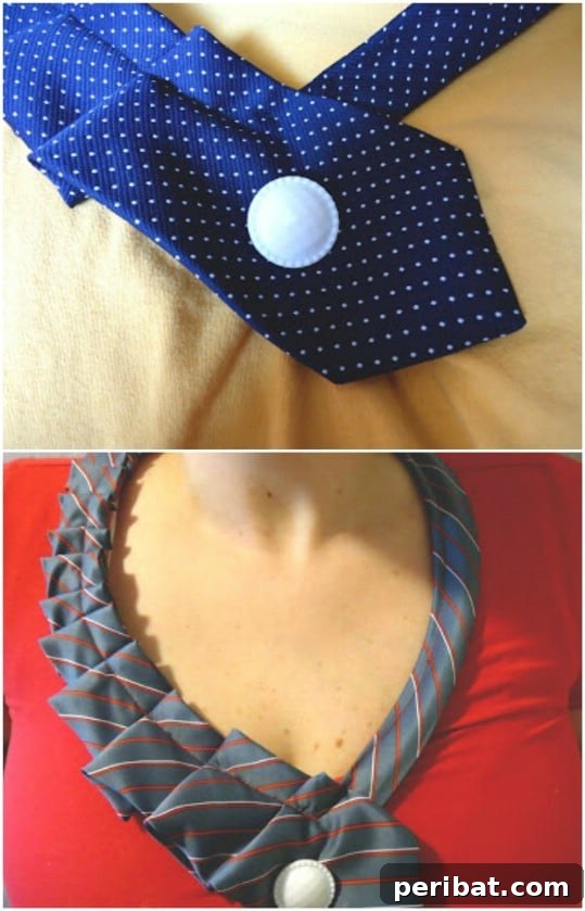 25 Creative Ways to Repurpose Old Neckties 23 Stylish t-shirt with a ruffled neckline accent made from a repurposed necktie