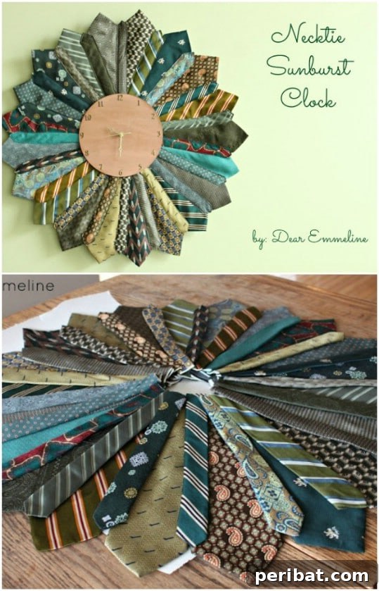 25 Creative Ways to Repurpose Old Neckties 24 Retro-inspired sunburst clock adorned with repurposed neckties, a unique wall decoration