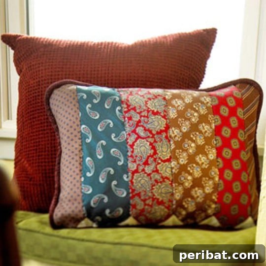 25 Creative Ways to Repurpose Old Neckties 27 Decorative throw pillow embellished with repurposed neckties, adding texture and color
