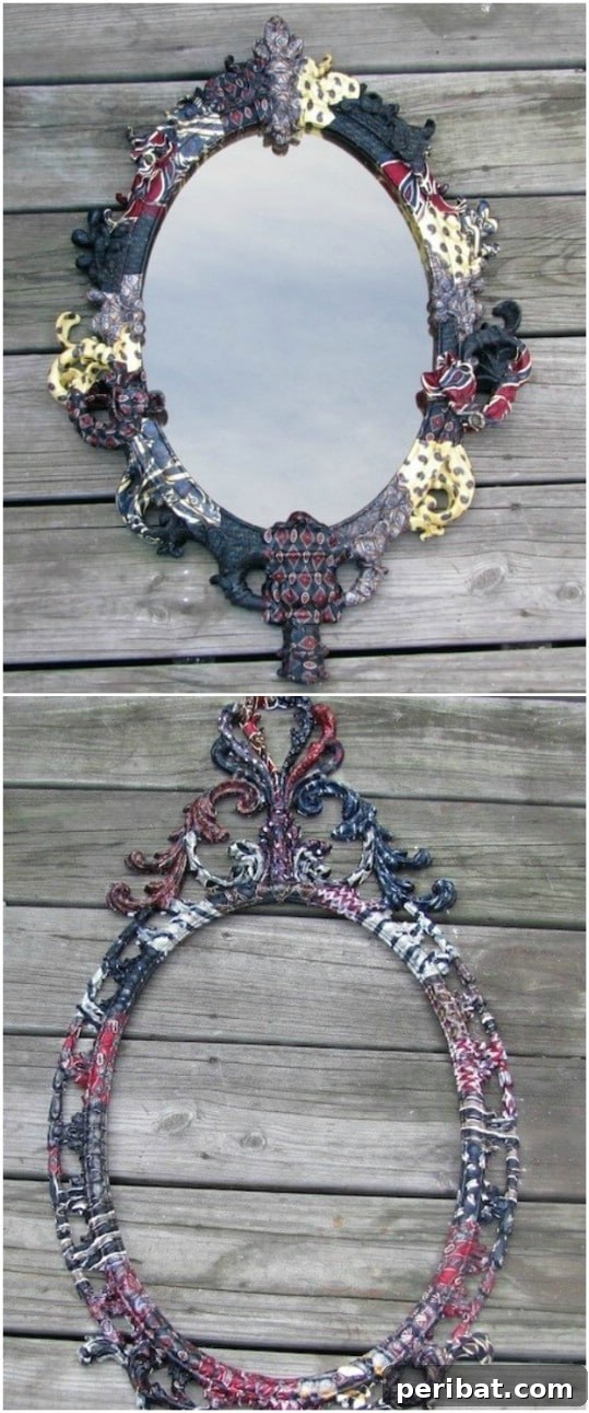 25 Creative Ways to Repurpose Old Neckties 9 Decoupage mirror frame adorned with colorful recycled necktie pieces