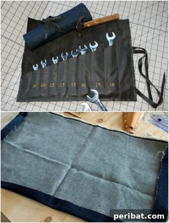 25 Rugged DIY Gifts for Dad from Upcycled Treasures 15 Repurposed Denim Roll Up Tool Organizer for His Workshop