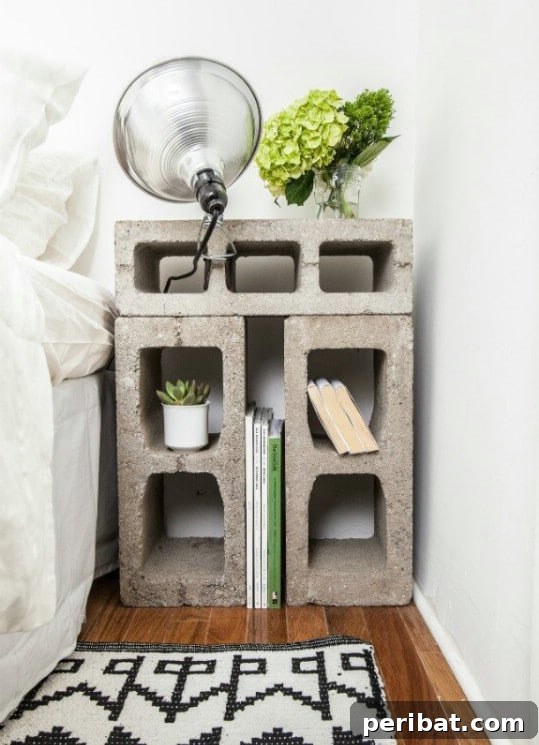 Industrial Cinder Block Bedside Table with Storage