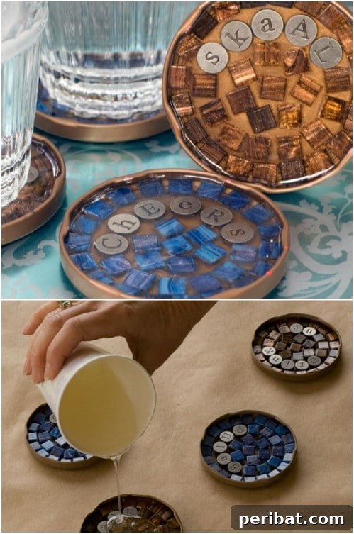 30 Stunning Mosaic Crafts to Enhance Your Indoor and Outdoor Spaces 11 Upcycled Jar Lid Mosaic Cocktail Coasters