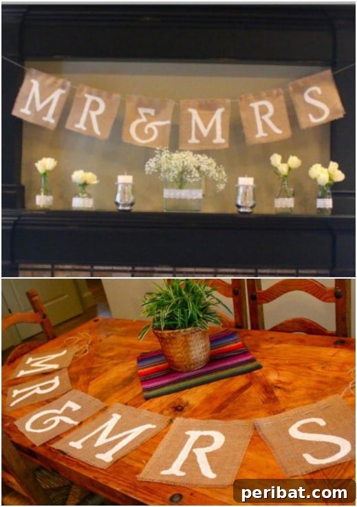 Hayallerinizdeki Düğün İçin 35 Nefes Kesen Kendin Yap Rustik Düğün Süslemesi 11 Mr. and Mrs. Burlap Banner