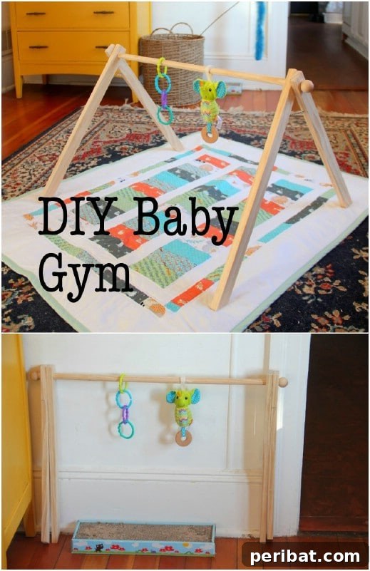 DIY wooden baby gym with hanging toys
