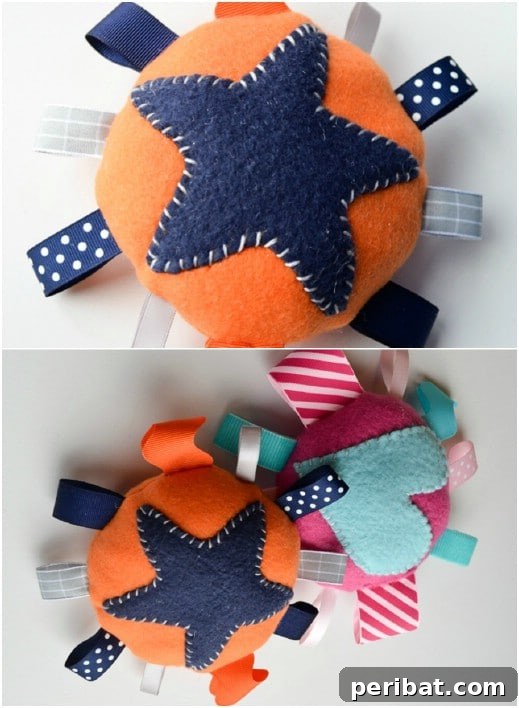 Sensory stimulating fleece toys with colorful ribbon tags