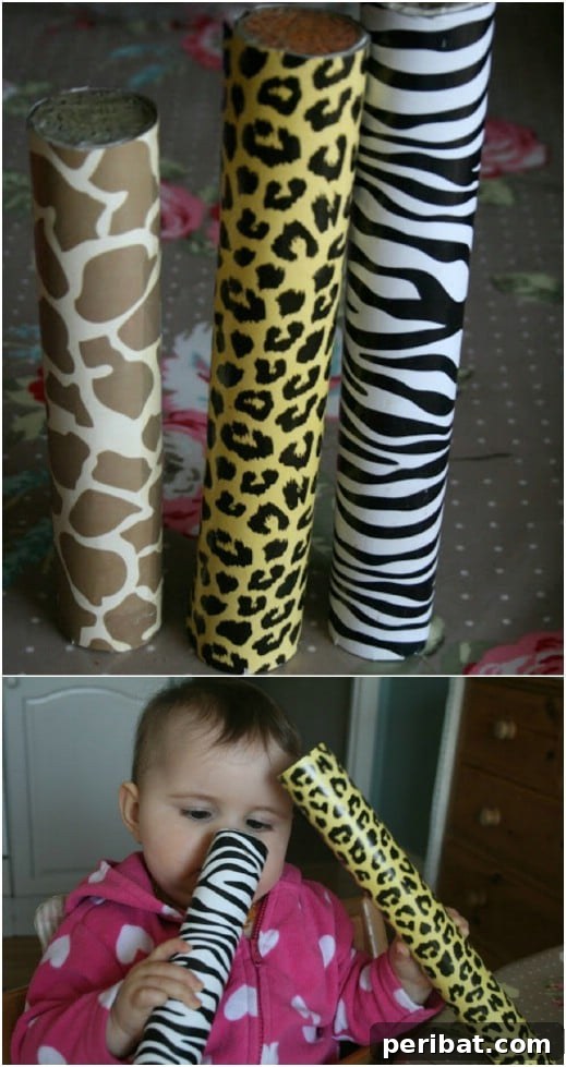Handmade baby-sized rain sticks from paper towel rolls