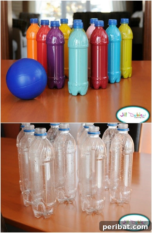 Upcycled plastic bottle bowling set for toddlers