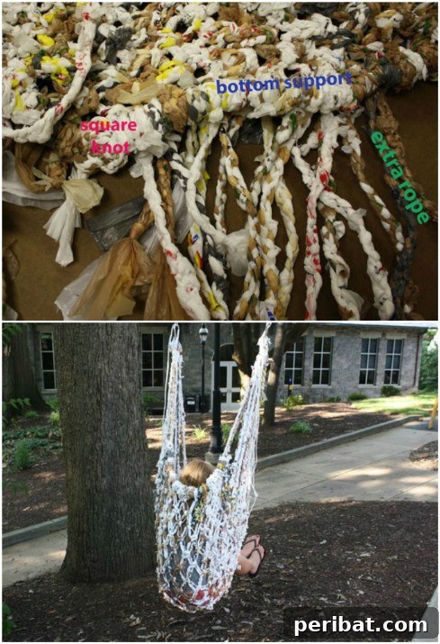 Beyond the Bin 30 Ingenious Upcycling Projects for Grocery Bags 13 Upcycled Plastic Bag Hammock Style Swinging Chair