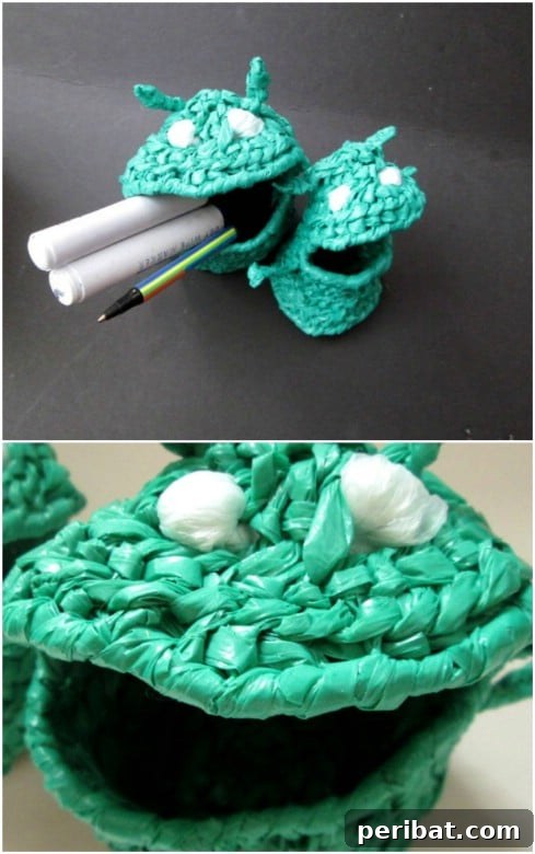 Beyond the Bin 30 Ingenious Upcycling Projects for Grocery Bags 19 Alien Desk Monster