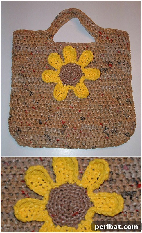 Beyond the Bin 30 Ingenious Upcycling Projects for Grocery Bags 28 DIY Plarn Sunflower Tote
