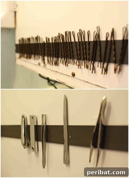 Magnetic Strips Keep Bobby Pins in Place - 150 Dollar Store Organizing Ideas and Projects for the Entire Home